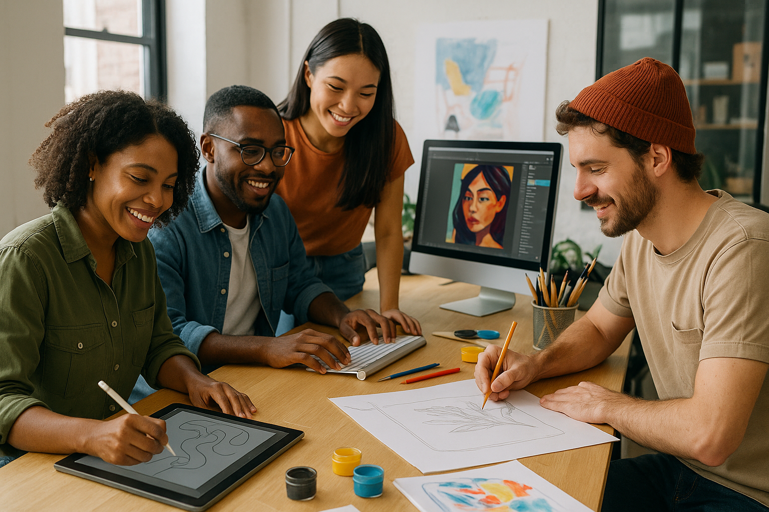 a collaborative multiracial team of artist and computer savy co-workers working together on an art project